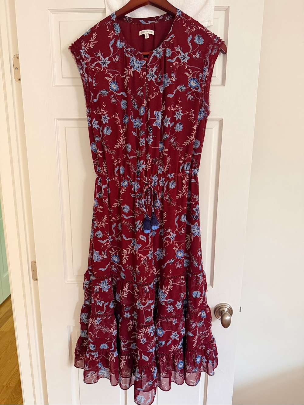 Rebecca Minkoff Women's Floral Tiered Maxi Dress - Burgundy w Blue Floral size M